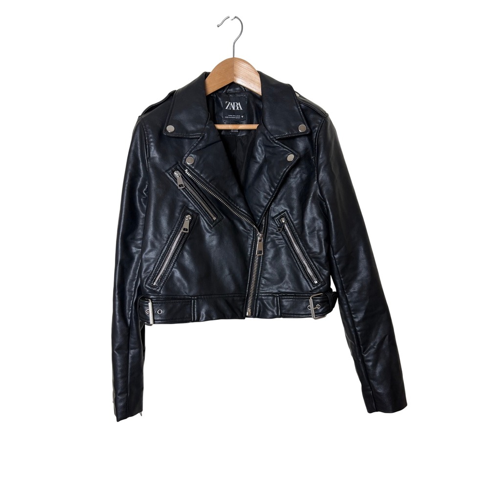 Zara Womens Black Faux Leather Cropped Biker Moto Jacket Asymmetrical Zip Small